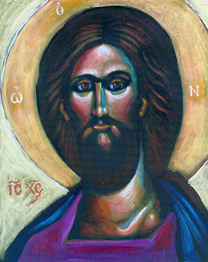 "Jesus Christ" (à la Rublev 2), acrylic on canvas, by Bishop Maxim, 2022