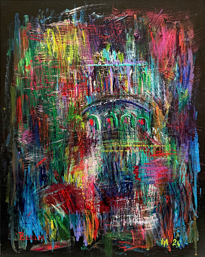 "Bridge in Trebinje, Nightscape", acrylic on canvas, Bishop Maxim, Berlin, 2025