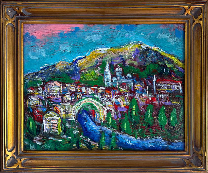 "Mostar in Light and Texture", acrylic on canvas panel, Bishop Maxim, 2025