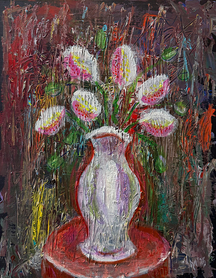 "Marigold" (Tagetes) 2, acrylic on canvas panel, Bishop Maxim, 2025