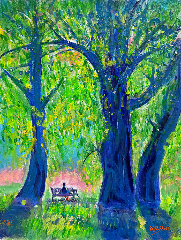 "Beneath the Indigo Canopy", acrylic on gesso board, Bishop Maxim, 2025