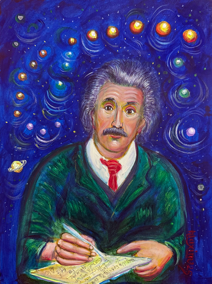 "Albert Einstein 4", gesso board, Bishop Maxim, 2025