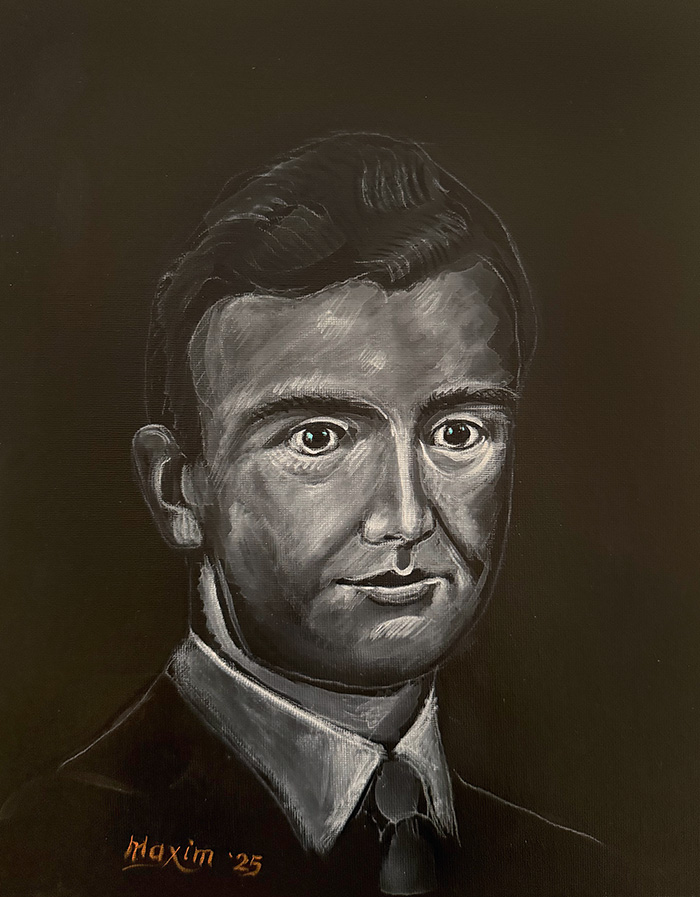 "Gaze of Becoming: Between Athens and Harvard", acrylic on canvas panel, Bishop Maxim, 2025