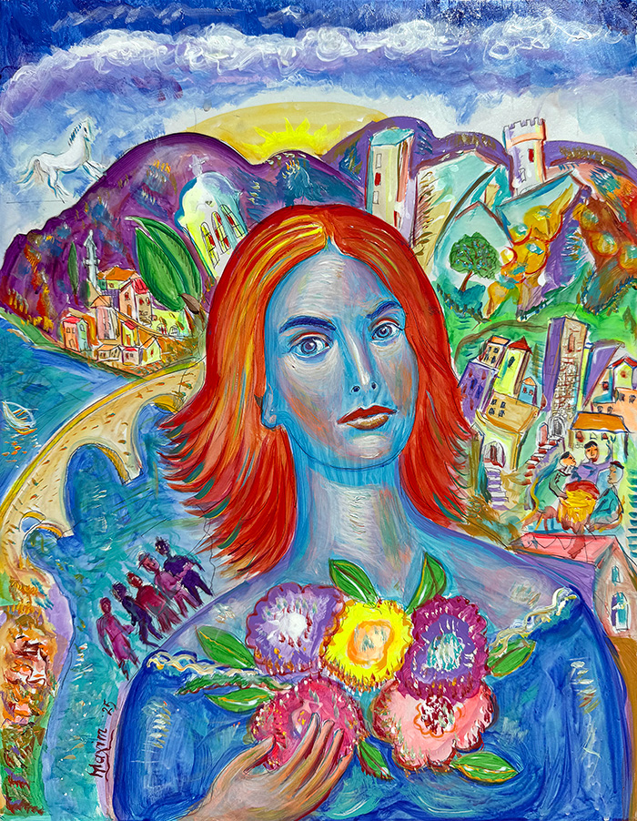 "Trebinje Girl in a Turning Town", acrylic on gesso board, Bishop Maxim, 2025