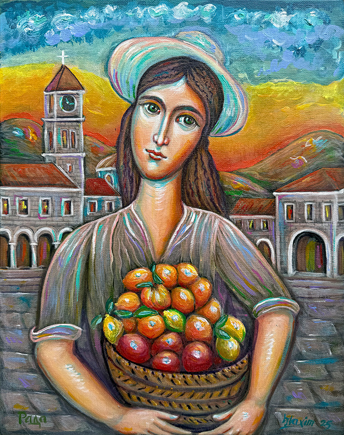 "Trebinje Woman at the Market – Morning", acrylic on canvas, Bishop Maxim & Radmila Vasiljevic, 2025