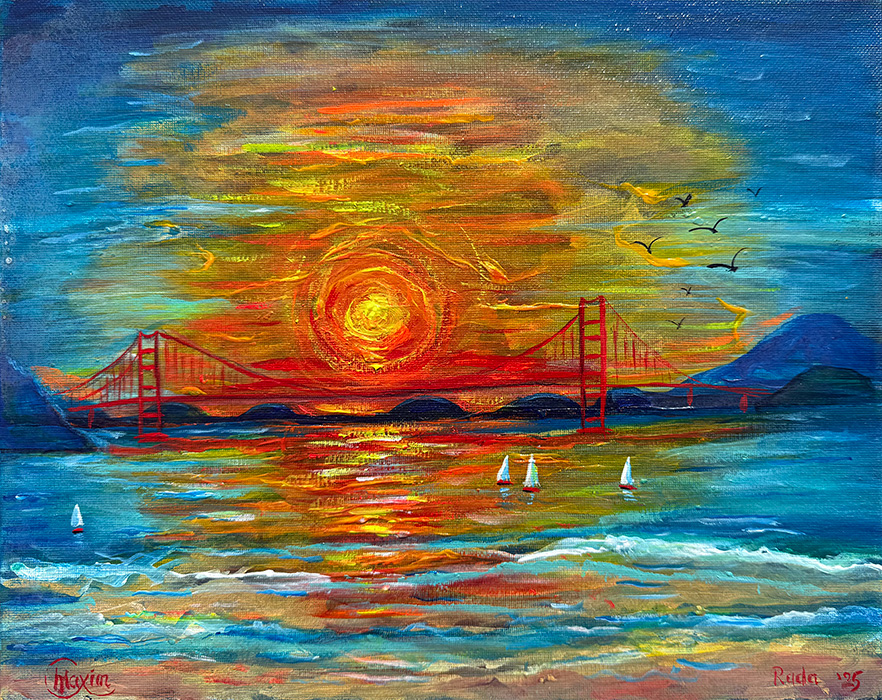 "Fire over the Golden Gate", acrylic on canvas, 2025, Bishop Maxim & Radmila Vasiljevic