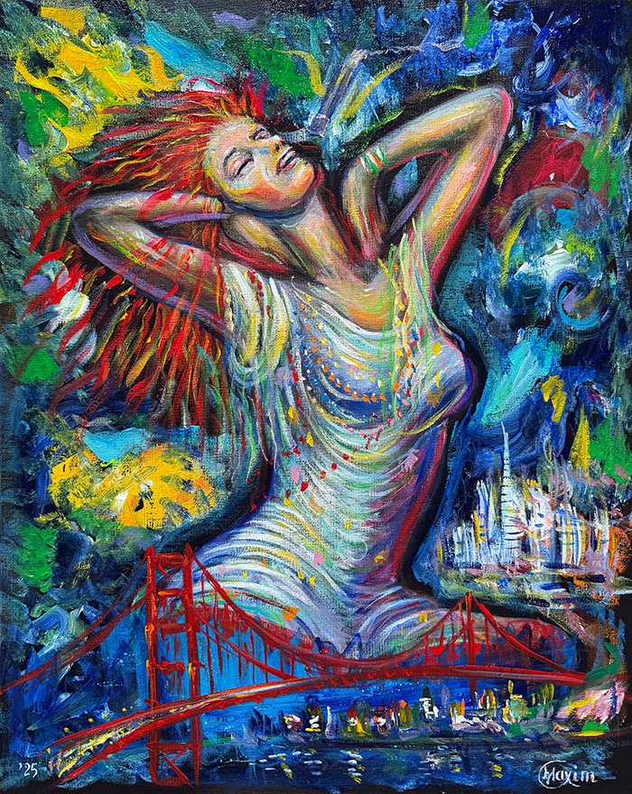 "Janis Rising Over the Bay", acrylic on canvas panel, Bishop Maxim, 2025