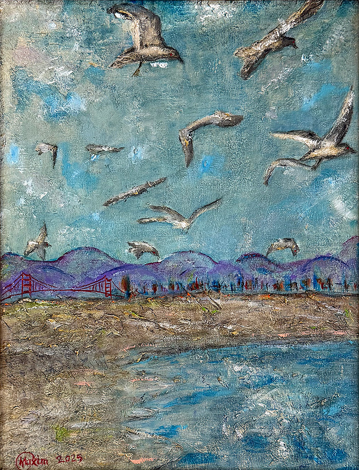 "Seagulls over the Bay", mixed media on canvas, multi-layered impasto technique, Bishop Maxim, 2025