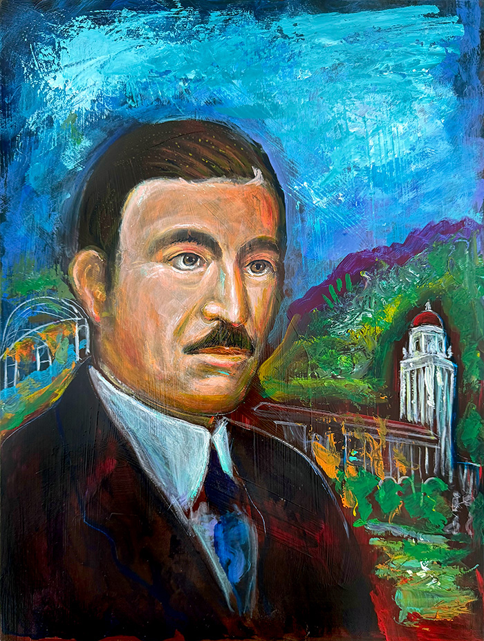 "Todor Politsch: Builder Between Hills and Horizons", acrylic on gesso board, Bishop Maxim, 2025