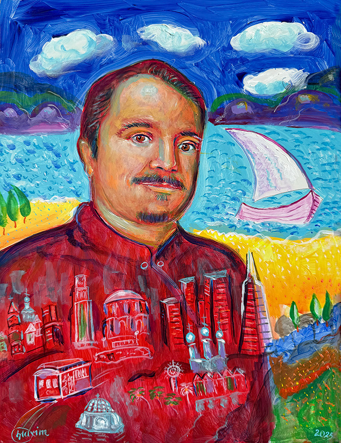 "City and Priest in One Heartbeat", acrylic on gesso board, Bishop Maxim, 2025